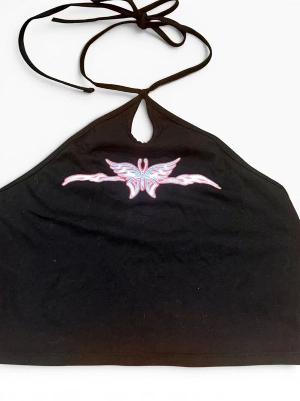 Forever 21 Vintage Y2K Halter Crop Top Black Butterfly